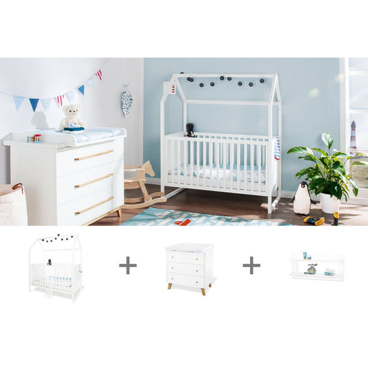 Starter set 'Hilda &amp; Pan' wide, white, incl. wall shelf
 3 parts: house bed, wide dresser, wall shelf