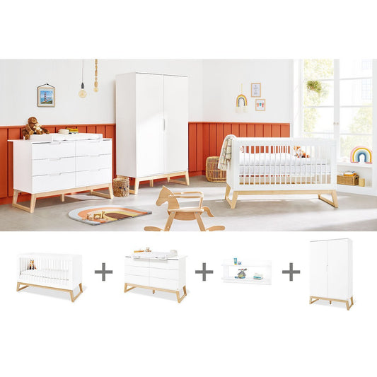Nursery 'Bridge' extra wide, incl. wall shelf
 4 parts: bed, extra wide chest of drawers, 2-door wardrobe, wall shelf